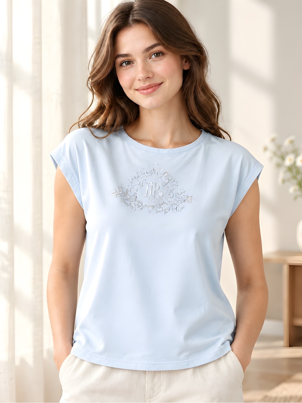 NWT Lauren Ralph Lauren Beaded-Logo Cotton T-Shirt in Cornflower Blue M